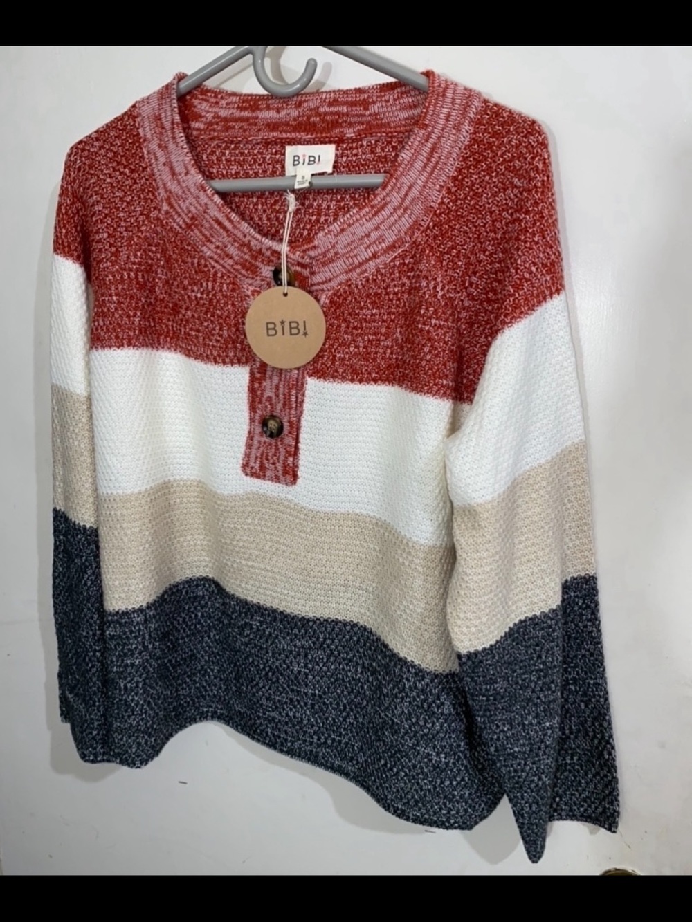 BiBi Colorblock Henley Sweater in Rust, White, Beige, Charcoal